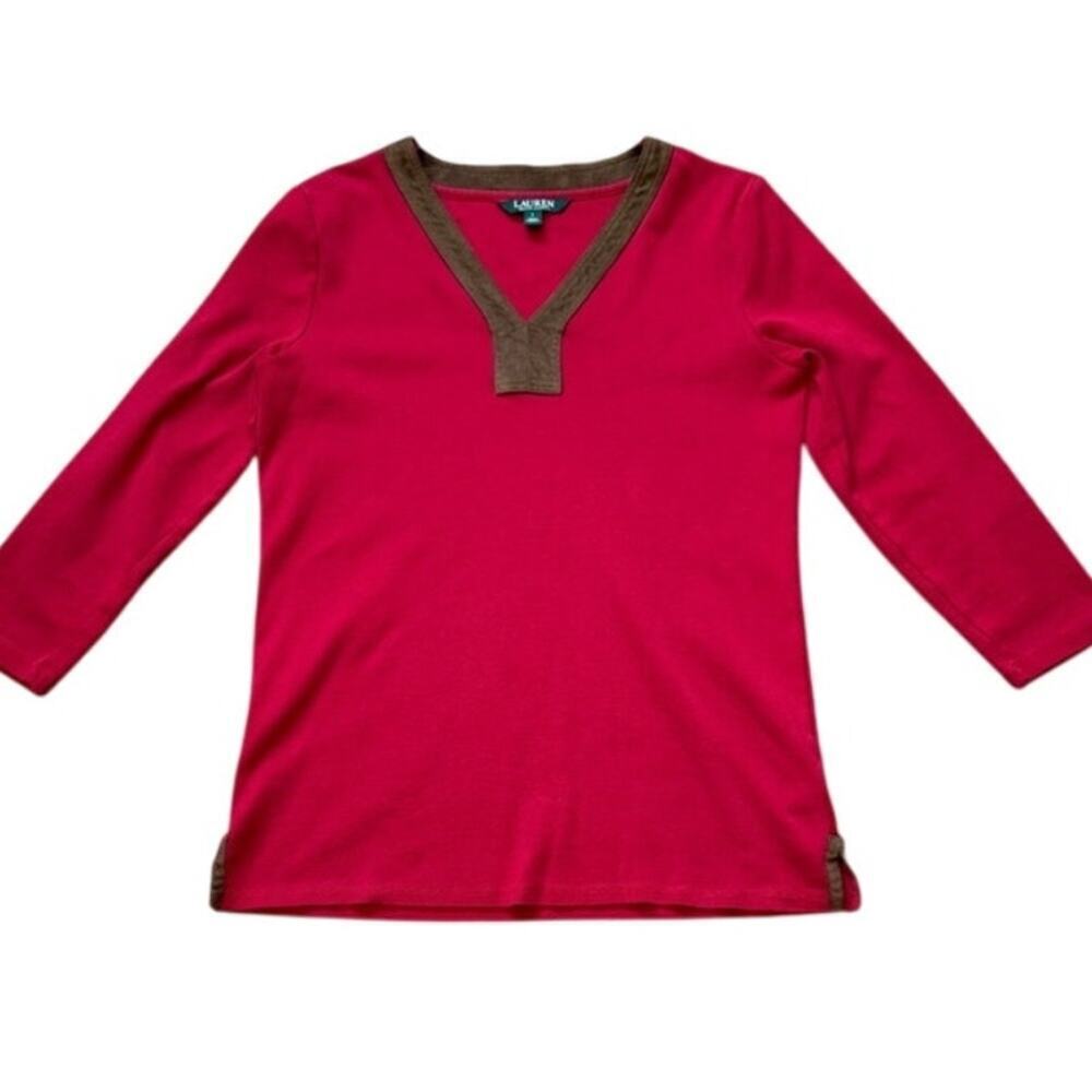 Lauren Ralph Lauren Women's Red Faux Suede V Neck 3/4 Sleeve Top Size Midium
